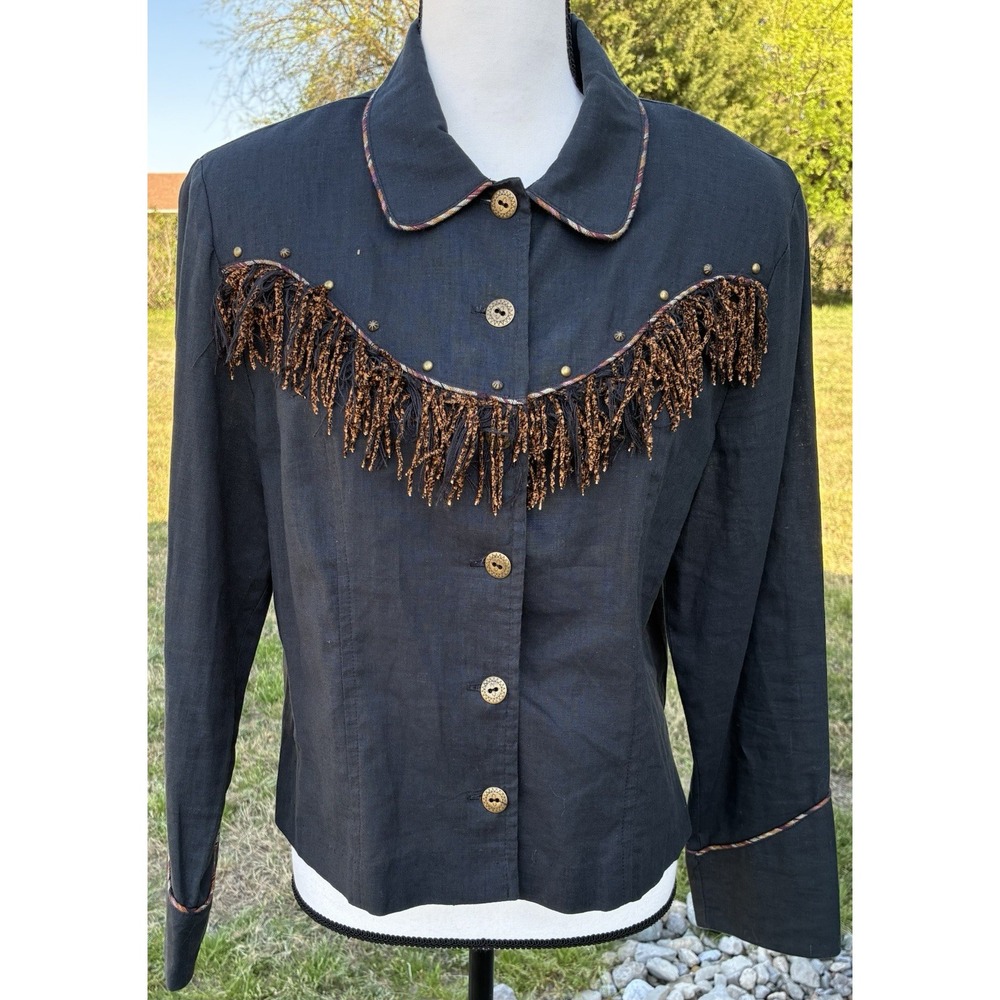 New Frontier Women's Fringe Shirt Size Large Western Vintage Top Charcoal Black